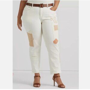Lauren Ralph Women's Plus Cream Beaded Patchwork Relaxed Tapered Jeans Size 20W